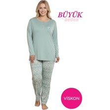 Bie's Kadın Yeşil Etnik Desen 3 Düğmeli Likralı Viskon Mevsimlik Uzun Kol Pijama Takımı