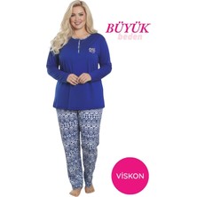 Bie's Kadın Lacivert Büyük Beden Etnik Desen 3 Düğmeli Likralı Viskon Mevsimlik Uzun Kol Pijama Takımı