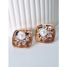 Duru Aksesuar Vip Seri Rosegold Renk Zirkon Taş ve Inci Detaylı Tasarım Küpe