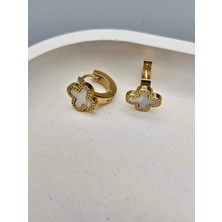 Duru Aksesuar Çelik Gold Renk Beyaz Yonca Model Halka Küpe