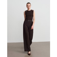 Dilvin 71932 Dikiş Detaylı Kemerli Pantolon-Koyu Kahve