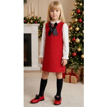 Parla Kids Kız Çocuk Vanessa Broş Detaylı Tüvit Kırmızıı Uzun Kollu Yılbaşı Elbisesi