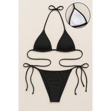 İmoda Kadın Siyah Yandan ve Boyundan Bağlamalı Bikini Mayo Takımı Dokulu Krep Materyal ile Şıklık