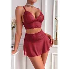 İmoda Kadın Bordo Dantel ve Tül Detaylı Etekli Şık Gecelik Takımı