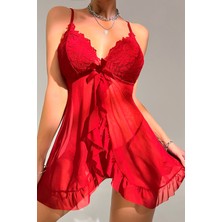 İmoda Kadın Kırmızı Dantelli, Fırfırlı Tül ve Fiyonk Detaylı Tangalı Gecelik Takımı