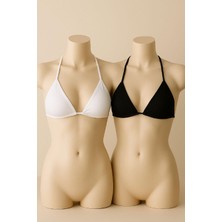 İmoda Kadın Minimal Kesim Üçgen Bikini Üstü Siyah ve Beyaz Renkli Likra Kumaş Desenli