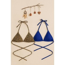 İmoda Kadın Leopar Desenli ve Mavi Minimal Kesim Üçgen Bikini Üstü