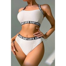 İmoda Kadın Beyaz Çapraz Sırt ve Love Yazı Detaylı Iç Çamaşır Takımı