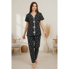 İmoda Kadın Siyah Kalp Desenli Fiyonklu Kısa Kollu Uzun Pijama Takımı