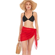 İmoda Kadın Kırmızı Transparan Desenli Belden Bağlamalı Pareo Şık Yazlık Plaj Modası