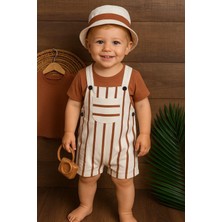 Dinamik çocuk Çizgili Safari Şapkalı Omuzdan Çıtçıtlı Badi Yazlık Erkek Bebek Salopet Takım