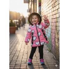 Bubiee Baby Özel Tasarım Sevimli Kalp Baskılı Içi Kürklü Varaklı Soft Kumaş Çepli Kapüşonlu Kız Çocuk Mont