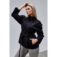 Bolivente Carvella Siyah Dik Yaka Kemerli Kaşe Ceket