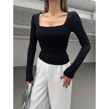 Cemo Kare Yaka Işıltılı Uzun Kollu Bluz