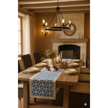 Rona Home Lüks Mavi Beyaz Geometrik Desenli Dantel Saçaklı Dekoratif Masa Ranırı (Runner)