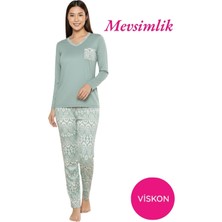 Bie's Kadın Yeşil Etnik Desen Mevsimlik Likralı Penye Cepli Alt Uzun Kollu Pijama Takımı