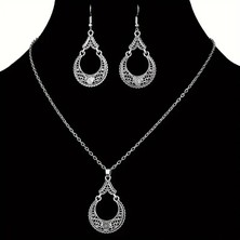 Cash Trade Retro Etnik Tarz Takı Seti: Gümüş Geometrik Desenli Oymalı Kolye-küpe