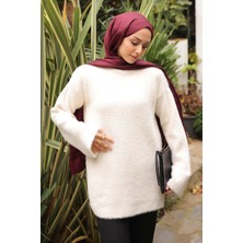 İmaj Butik Krem Dik Yaka Angora Yumoş Triko Kazak