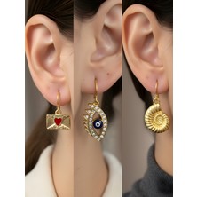 NKT Collection Deniz Kabuğu Nazar Göz Kalp Zarf Sembol Figürlü 3’lü Kadın Küpe Set