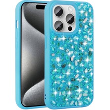 Sionel Apple iPhone 15 Pro Kılıf Parlak Taşlı Tasarım Snel Linea Kapak-Mavi Açık