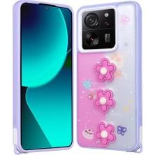Sionel Xiaomi Mi 13T Kılıf Parlayan Sıvılı Simli Kabartma Figürlü Snel Cevze Kapak-Mor Papatya