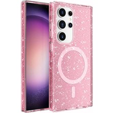 Sionel Galaxy S24 Ultra Kılıf Magsafe Şarj Özellikli Parlayan Simli Saydam Renkli Snel Allstar Kapak-Pembe