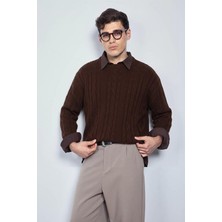 Abluka Online Erkek Relax Fit Örgü Desenli Triko Kazak Kahverengi