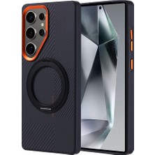 Sionel Galaxy S25 Ultra Kılıf Magsafe Şarj Özellikli Karbon Fiber Görünümlü Snel Standlı Troy Kapak -115596