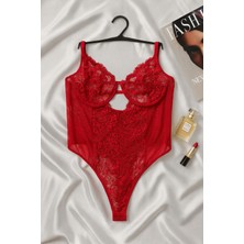 Kırmızı Transparan Dantelli Body