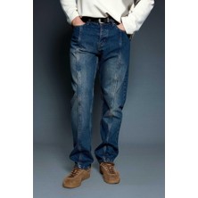 Abluka Online Erkek Ön Dikiş Detaylı Yıkamalı Baggy Jean Koyu Mavi