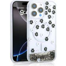 Sionel iPhone 16 Pro Max Uyumlu Kılıf Sıvılı Simli Baskılı Şeffaf Arka Yüzey Snel Mossa Silikon Kapak-Siyah