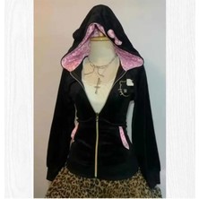 İsra Ayyıldız Moonstar Collection Hello Kitty Fiyonklu Y2K Kadife Kapüşonlu Hırka