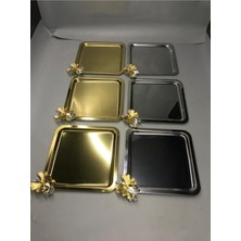 2 Farklı Renkte Kare Lüx Kelebek Aksesuarlı 3 Gold,3 Gümüş Paslanmaz Çelik Kahve,çay, Sunum Tepsisi