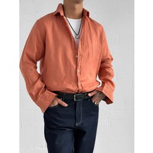 Abluka Online Erkek Uzun Kollu Regular Fit %100 Keten Gömlek Turuncu