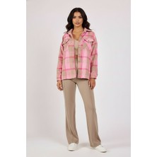 Volanlı Pembe-Bej Ekose Oversize Oduncu Gömlek