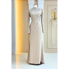 Amine Hüma Ayla Abiye Elbise Bej