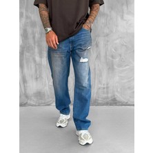 Abluka Online Erkek Yırtık Soluk Efektli Baggy Fit Jean Mavi