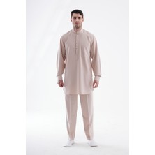 Beratnur Erkek Hac ve Umre Kıyafeti Ikili Alt Üst Afgan Takım - Bej