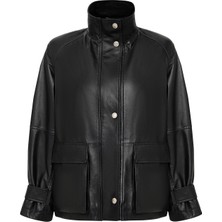 Derimod Fancy Kadın Siyah Devrik Yaka Oversize Deri Mont 25WGD5625U4