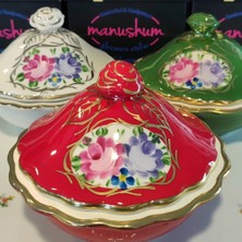 Manushum El Boyama Porselen Gülbahar Şekerlik-Kırmızı