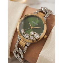 Homies Taşlı Kadın Kol Saati -Yeşil Gümüş/ Gold Özel Gün Saati