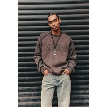 Abluka Online Erkek Oversize Yıkamalı Vintage Nakış Detaylı Sweatshirt Kahverengi