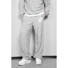 Abluka Online Erkek Oversize Logo Detaylı Tüylü Jogger Pantolon Gri