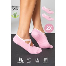 Bamboo Star Bambu Kadın Pembe Kaydırmaz Taban Silikon Baskı Pilates Yoga Fitness Dans Aktivite Babet Çorabı 2’li