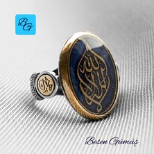 Besen Gümüş Lacivert Mineli Kelime-I Tevhid Yazılı Özel Tasarım Gümüş Erkek Yüzük