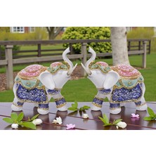 Elifeshop Renkli Nakış Işlemeli 2’li Feng Shui Şans Bereket Fil Heykel Seti Dekoratif Biblo Ev Hediyesi 14 Cm.
