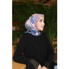 Çiçek Desenli Pamuklu Koza Eşarp 70336-07 Açık Lacivert Kiremit