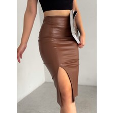 Boom Bester Kadın Yüksek Bel Deri Kalem Etek – 70 cm Boy – Yırtmaçlı Şık Model (Içi Pamuklu Tela Kaplamalı)