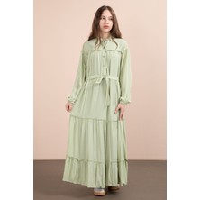 Cansın Mini Yeşil Kolları Büzgülü Kuşaklı Kız Çocuk Uzun Elbise  23400