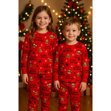 Alkın Kids 4-8 Yaş Kız-Erkek Çocuk Merry Christmas Yazılı Kırmızı %100 Pamuklu Pijama Takımı